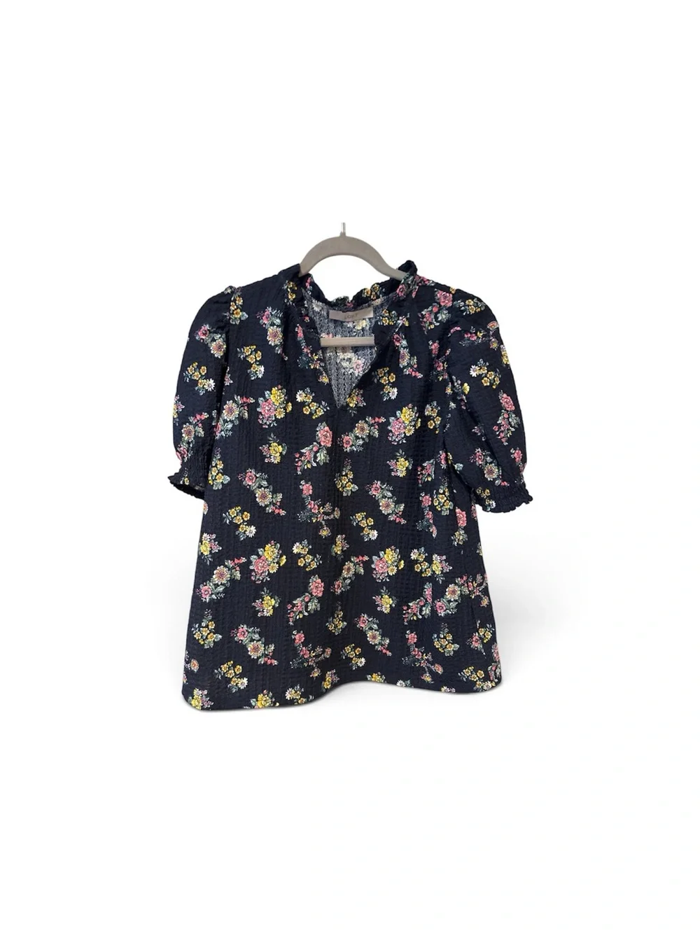 Loft Navy Floral Puff-Sleeve Top